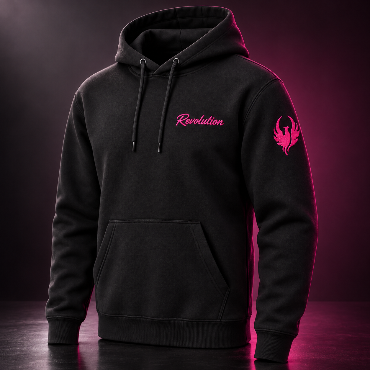 Revolution Hoodie - black hoodie with Revolution chest logo and phoenix sleeve